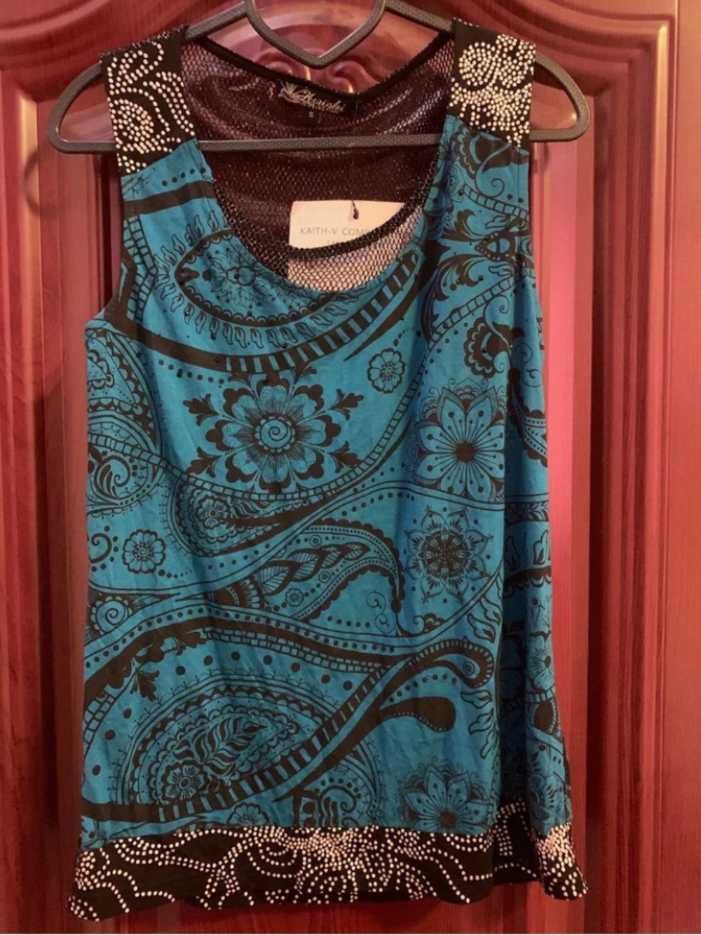 Paisley-Print Teal Tank Top with Embellished Straps